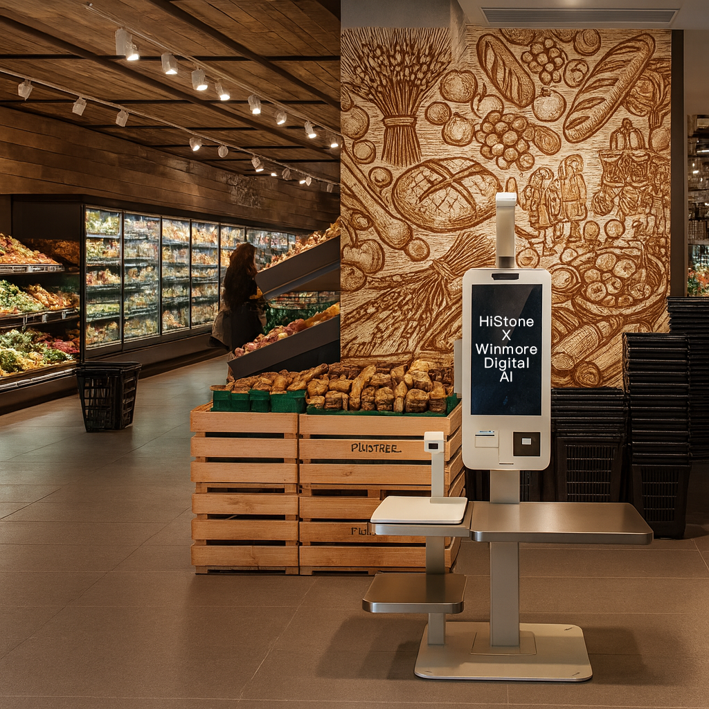 A Self – Checkout Kiosk In A Well – Stocked Grocery Store. It Represents Cashierless Store Technology, Streamlining Checkout With Loss – Prevention Capabilities. A self - checkout kiosk in a well - stocked grocery store. It represents cashierless store technology, streamlining checkout with loss - prevention capabilities.