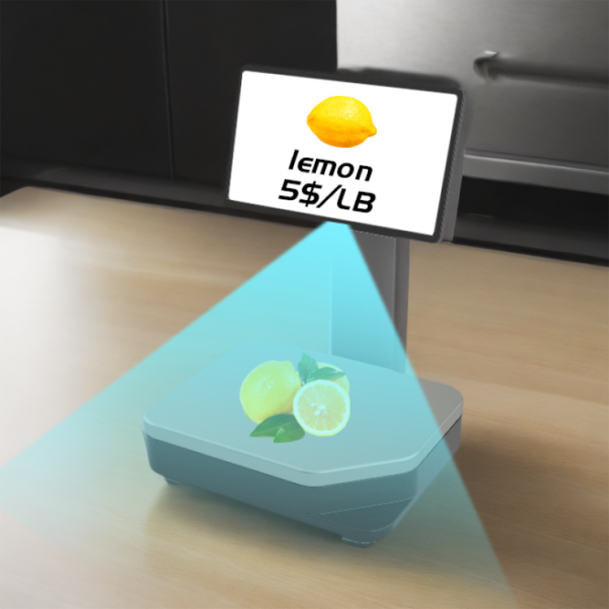 A digital scale with AI-powered product recognition scanned the fresh produce on its platform and instantly displayed the weight and price on the screen.