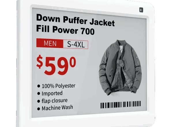 Dynamic pricing electronic shelf label displaying men's down puffer jacket (fill power 700, $590, s - 4xl, 100% polyester, imported, flap closure, machine wash) with e - ink screen for remote real - time price updates, dynamic discounts, traceability, and out - of - stock prediction to boost retail inventory turnover.