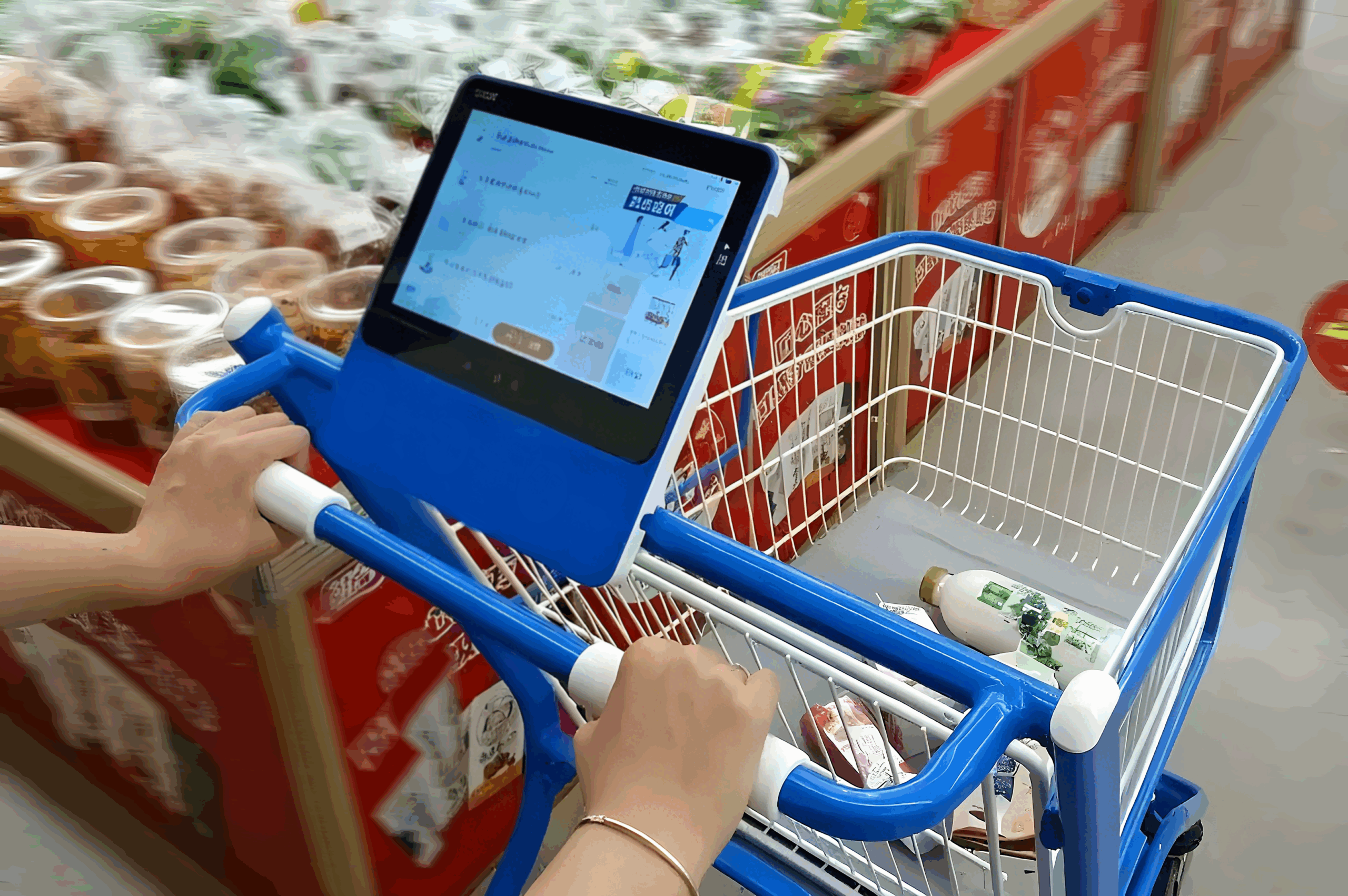 AI - Powered Smart Shopping Cart in a supermarket, with an interactive display for member login, automatic product scanning and settlement, and delivery of personalized coupons and promotions to boost sales and customer engagement.