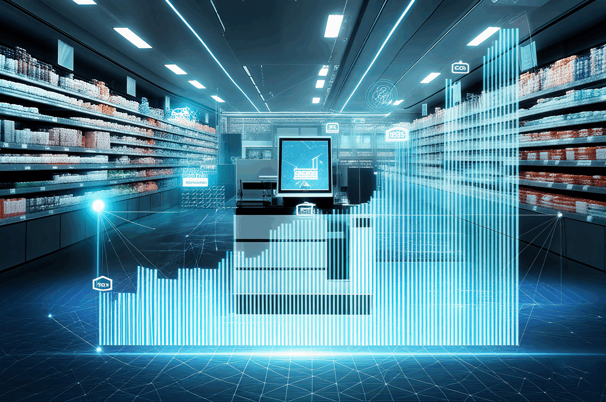 A brightly lit smart retail store showcasing advanced retail ai solutions, including ai-driven checkout and weighing systems, with products displayed throughout the store.