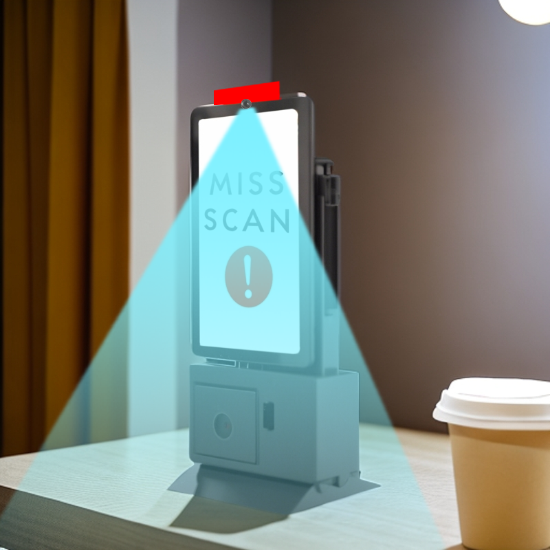 AI - enabled retail solution alert: Device shows ‘MISS SCAN’ error, highlighting checkout system monitoring in retail settings