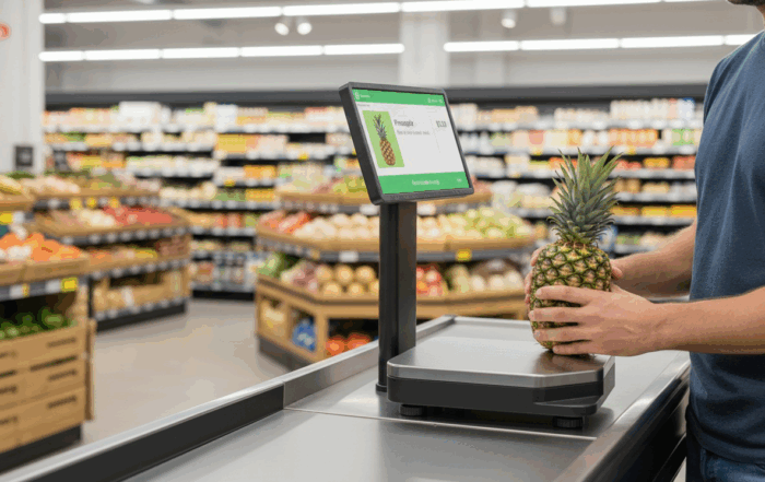 Ai retail scale in use at modern grocery store, providing smart, accurate weighing for a seamless shopping experience with advanced technology.