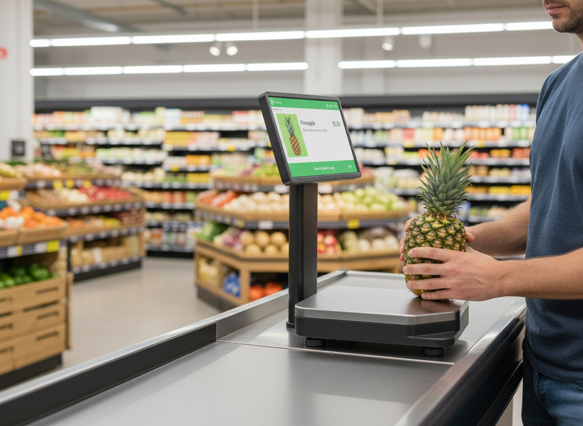 Ai retail scale in use at modern grocery store, providing smart, accurate weighing for a seamless shopping experience with advanced technology.