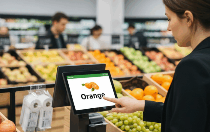 Woman uses an ai - powered retail scale to weigh oranges in a supermarket, with the scale's screen identifying "orange".