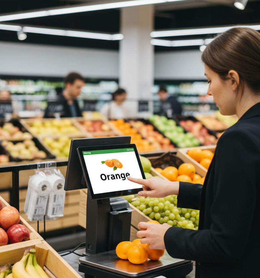 Woman uses an ai - powered retail scale to weigh oranges in a supermarket, with the scale's screen identifying "orange".