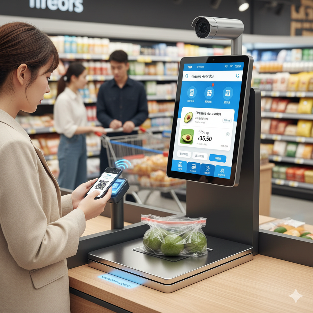 Ai-based scale in grocery store automatically weighs produce and displays price via smart touchscreen.