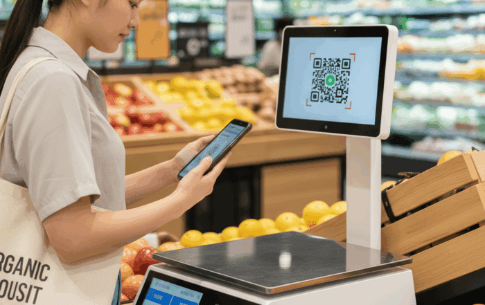 An ai retail scale automatically identifying and weighing fresh produce at a self-checkout station