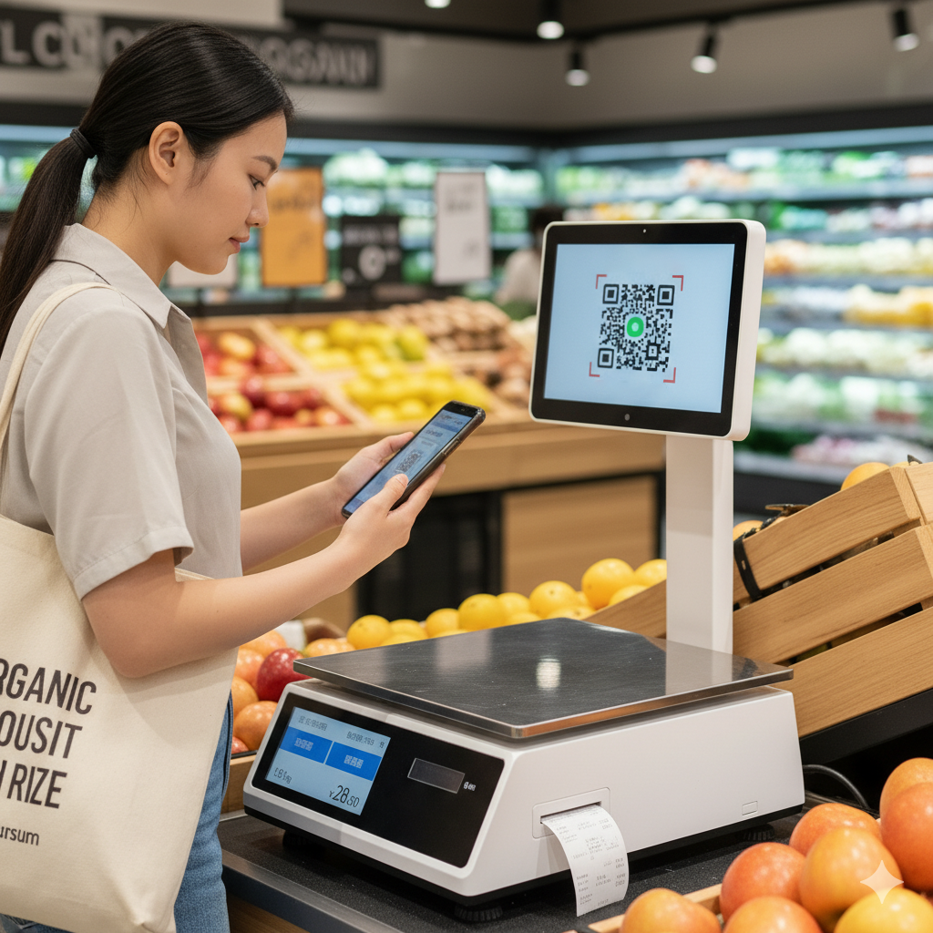An ai retail scale automatically identifying and weighing fresh produce at a self-checkout station