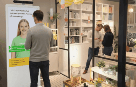 An ai digital human greets a customer in a home retail store, offering friendly assistance as a cookware specialist.