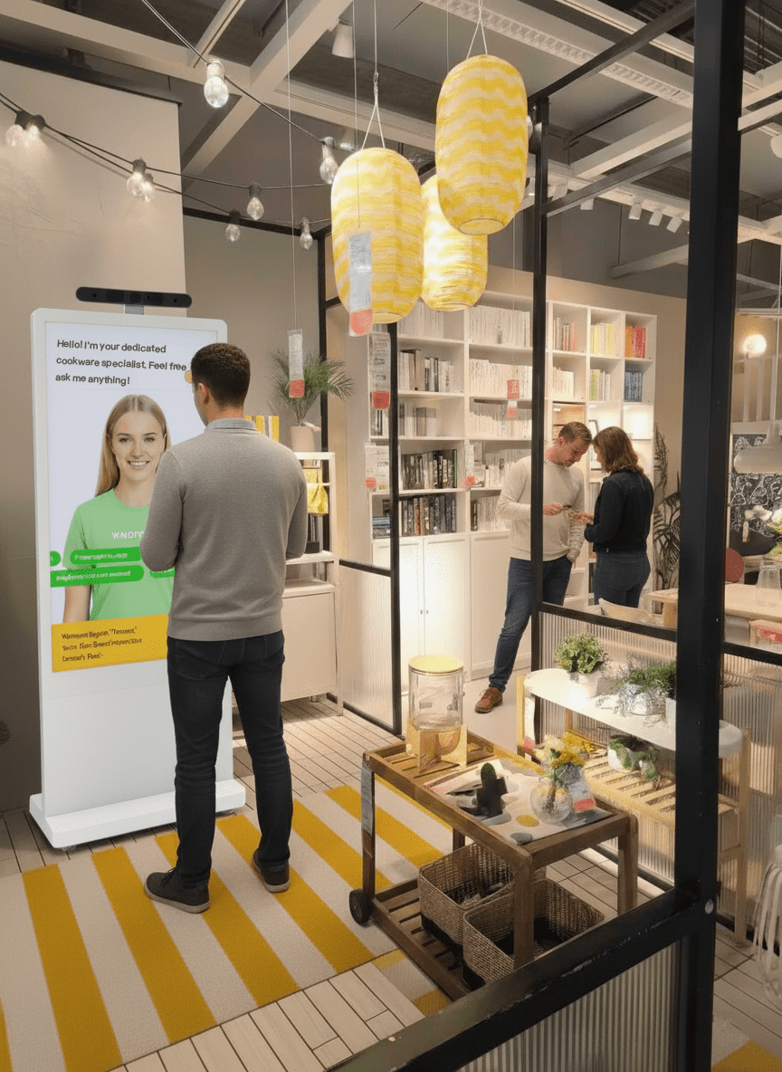 An ai digital human greets a customer in a home retail store, offering friendly assistance as a cookware specialist.