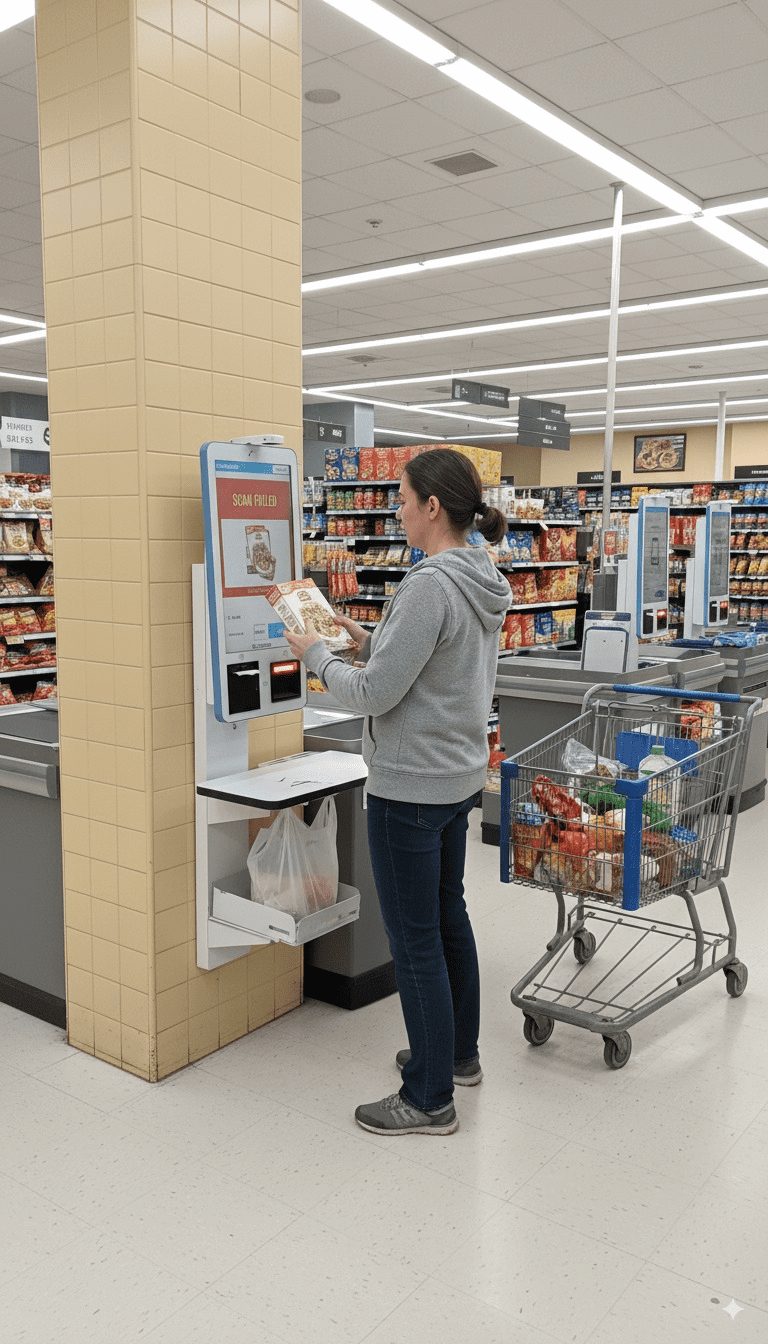 A Woman Scans Groceries At A Self-Checkout Kiosk In A Supermarket, Highlighting The Risk Of Barcode Switching Fraud During Automated Checkout Processes. A woman scans groceries at a self-checkout kiosk in a supermarket, highlighting the risk of barcode switching fraud during automated checkout processes.