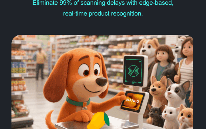 Cartoon dog uses offline ai scale to instantly identify mango in store, showcasing fast, accurate edge-based product recognition without internet.