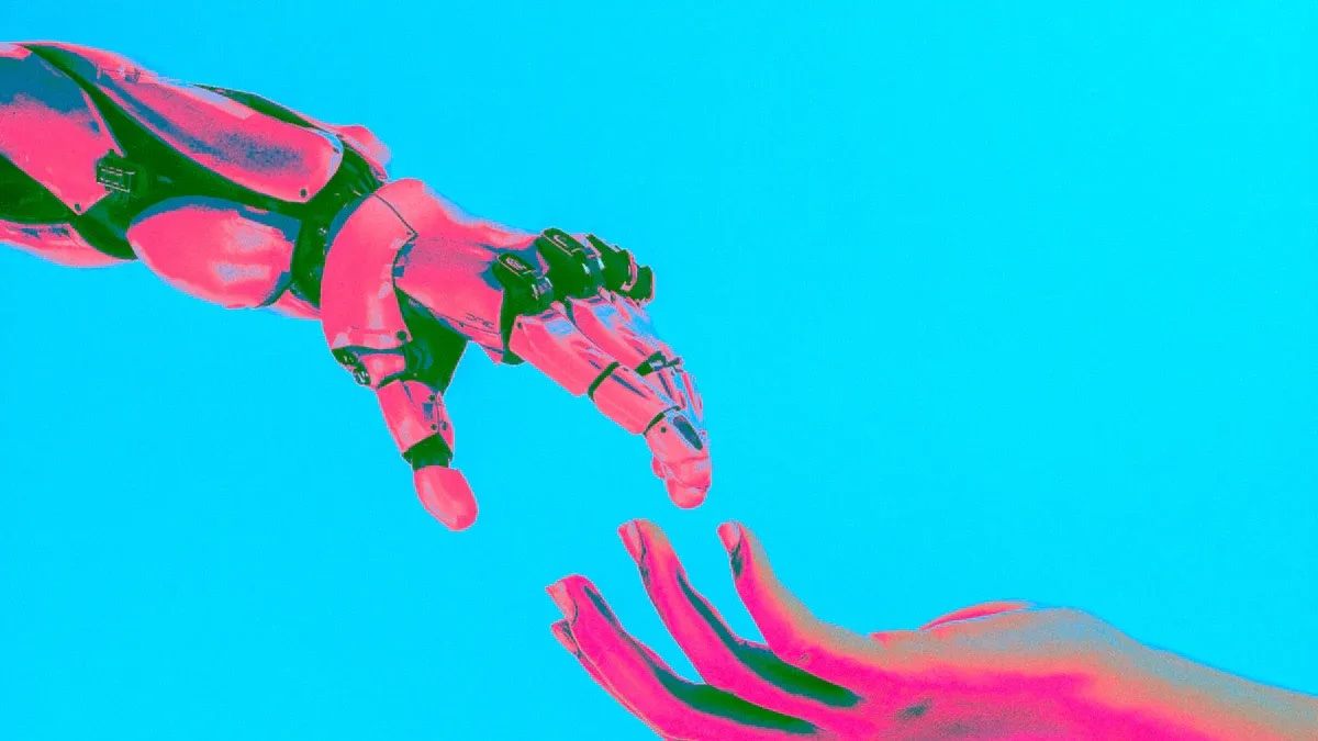 A robotic hand reaches toward a human hand against a vibrant blue background, symbolizing ai-based scale and the fusion of technology with humanity.