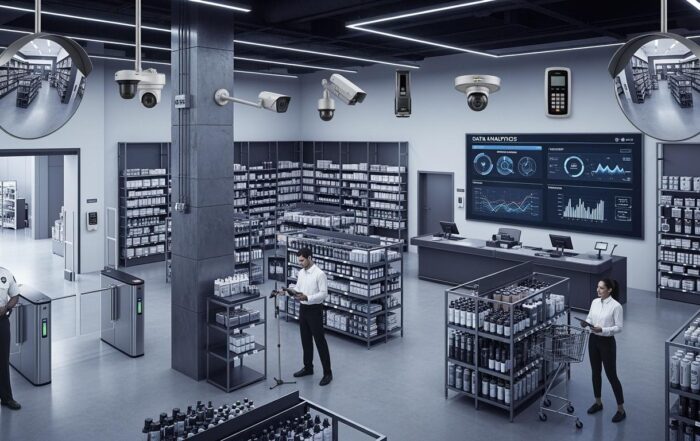 Modern retail store with advanced loss prevention in retail stores systems, including ai-powered surveillance, security cameras, analytics dashboard, and staff monitoring for enhanced safety and inventory protection.