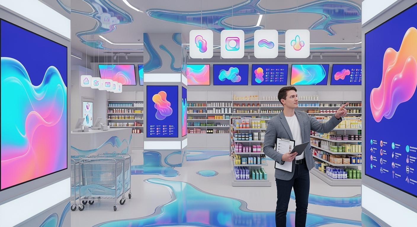 Modern retail store featuring vibrant digital display screens with colorful abstract designs, showcasing a futuristic shopping experience enhanced by interactive technology.