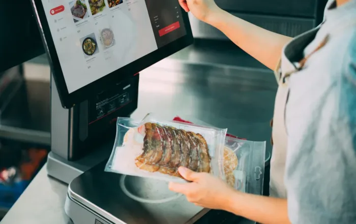 A worker uses a digital label scale to weigh and price packaged meat, with the touchscreen display showing product options and pricing. The label scale ensures accurate weight and labeling for retail sale.