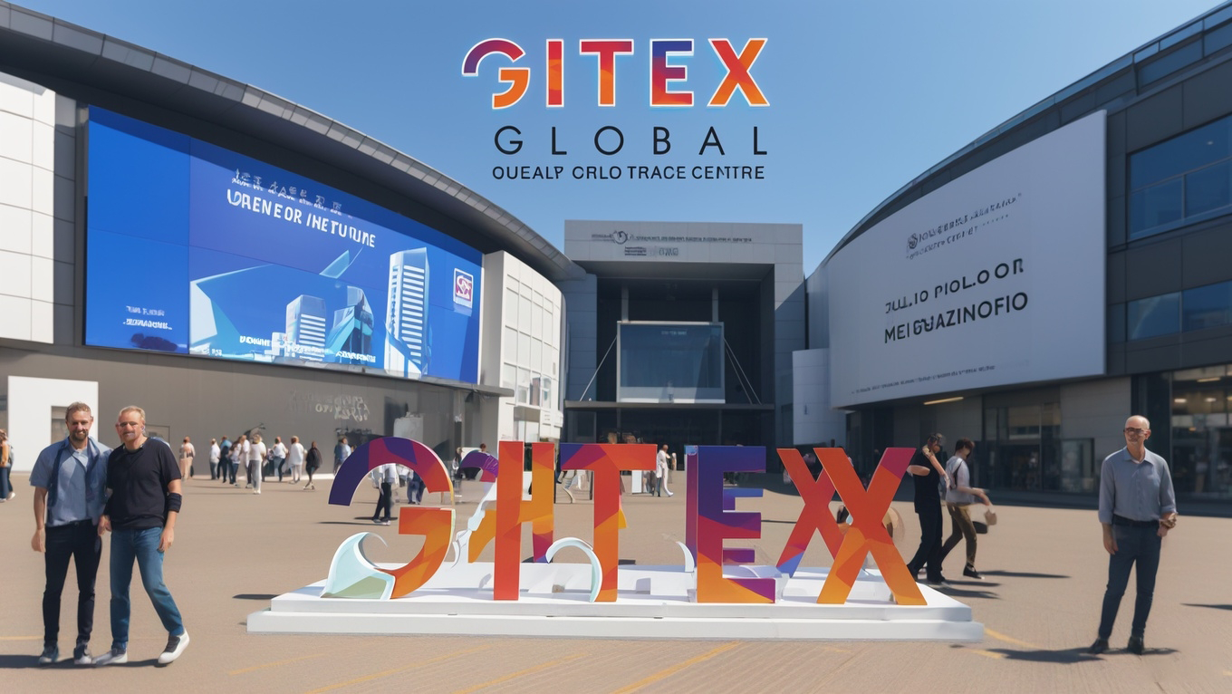 Visitors walk past the vibrant gitex global sign at the dubai world trade centre, with the event’s modern exhibition halls and digital displays in the background under a bright blue sky.