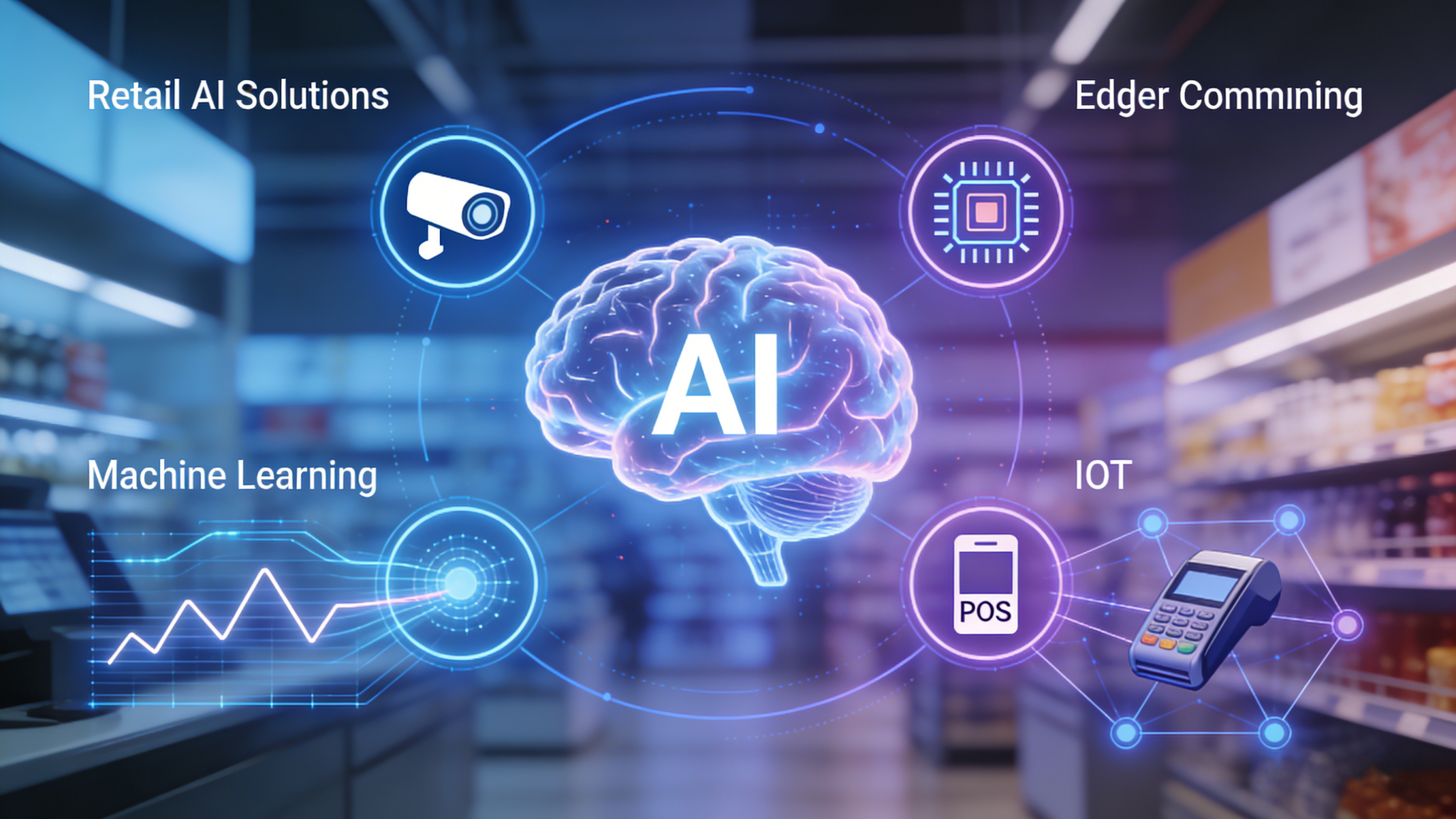 Image retail ai solutions visual supermarket backdrop ai brain graphic linked to cameras chips pos terminals tags machine learning edge computing iot show ai tech integration in retail