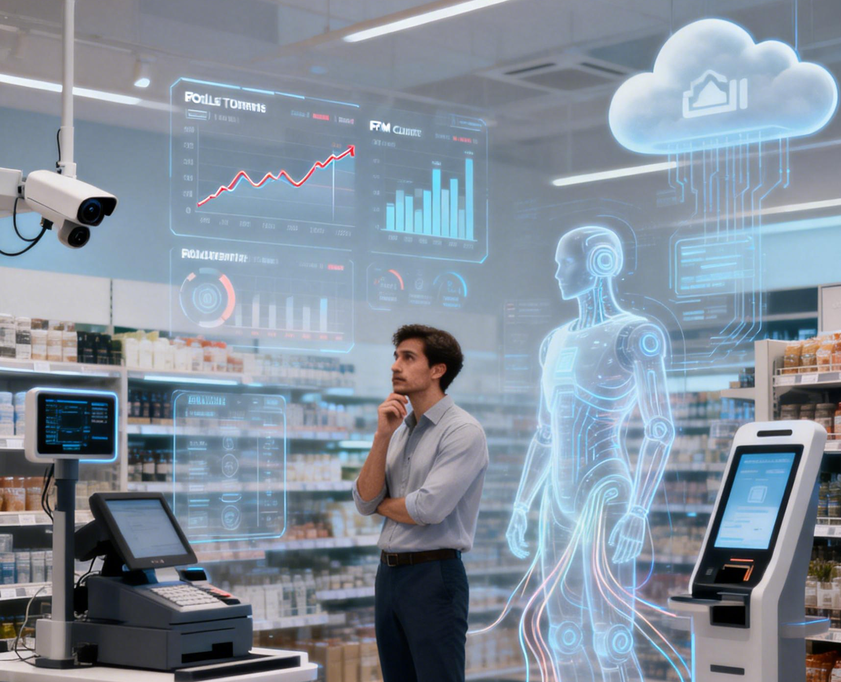Retail manager analyzing real-time data dashboards in a smart store powered by retail ai solutions, featuring ai-assisted checkout systems, computer vision analytics, and a digital human assistant.