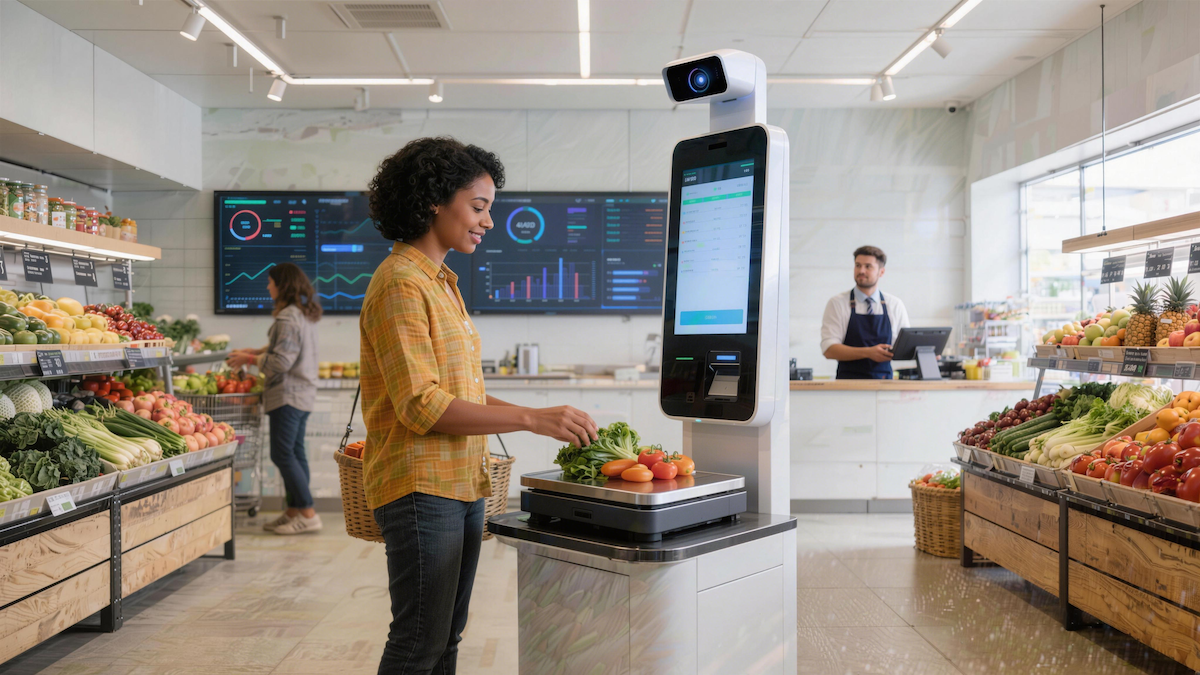 Shopper uses a self-checkout retail ai solution to scan produce in a modern grocery store, part of retail ai solutions streamlining in-store operations