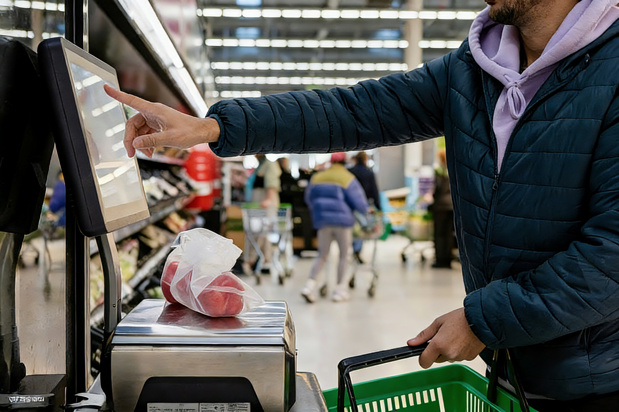 Shopper using ai weighing solutions at grocery store