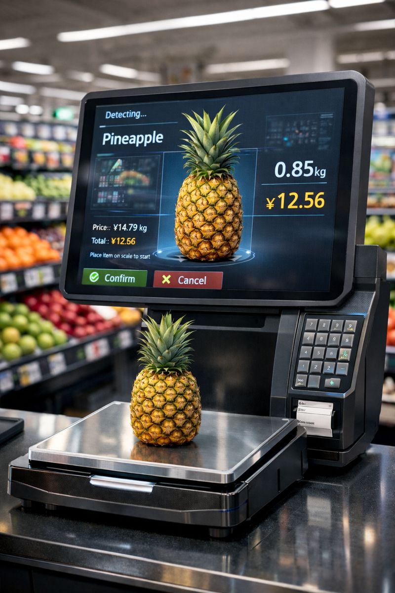 Supermarket smart scale using ai-powered weighing to visually recognize fresh fruit and automatically display weight and price at the produce weighing station.