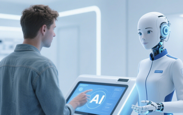 A functional ai digital avatar helping a customer on a store kiosk screen.