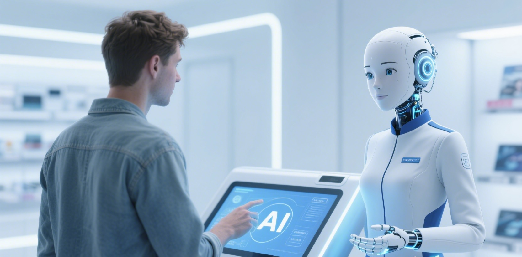 A functional ai digital avatar helping a customer on a store kiosk screen.