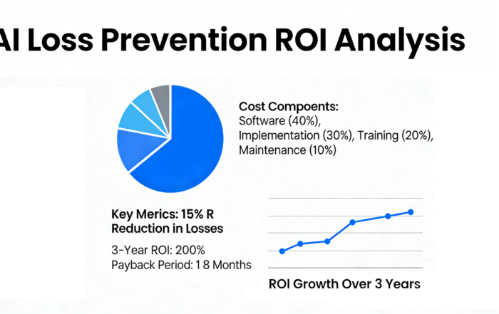Ai loss prevention roi metrics visualizatio, cost components and 3-year growth trend with 18-month payback period