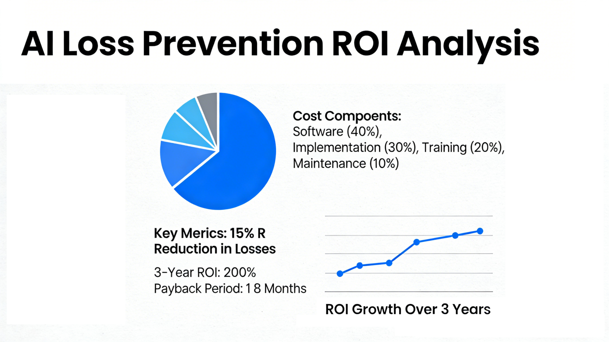 Ai loss prevention roi metrics visualizatio, cost components and 3-year growth trend with 18-month payback period
