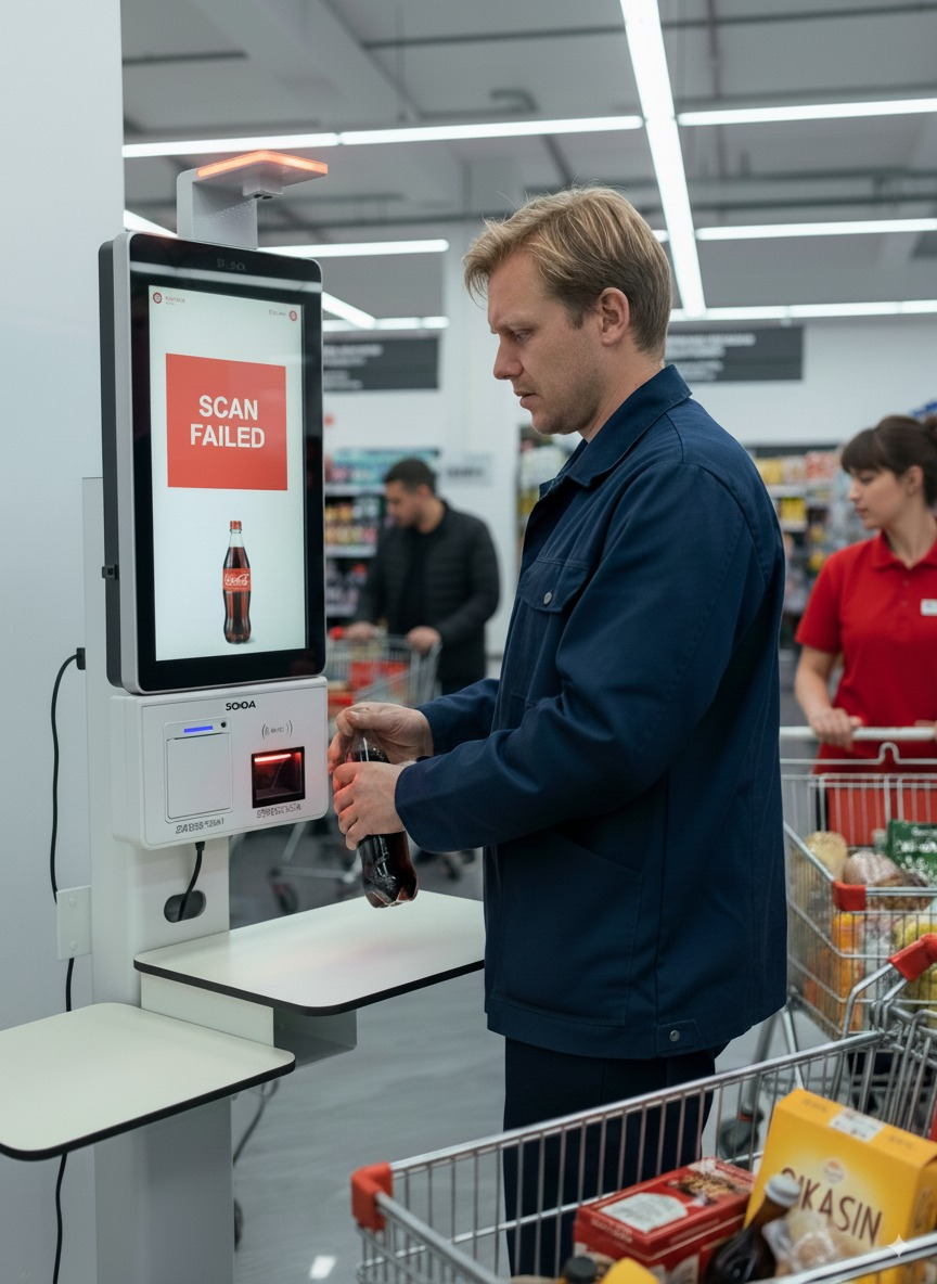 Customer scanning item at self-checkout; screen shows 'scan failed' alert from ai loss prevention system.