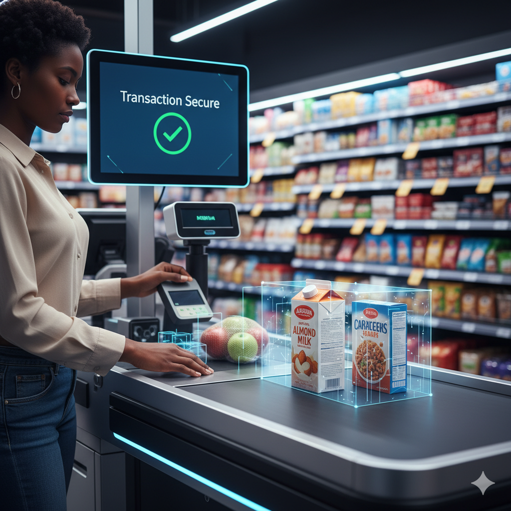 A customer is using a futuristic supermarket self-checkout kiosk equipped with ai checkout loss prevention technology, with a blue high-tech digital wireframe overlay on the items and a screen displaying a green checkmark for 'transaction secure'