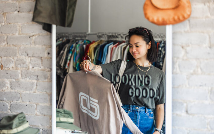 Retail shopper checking a mirror, a scenario where ai digital avatars can assist sales.