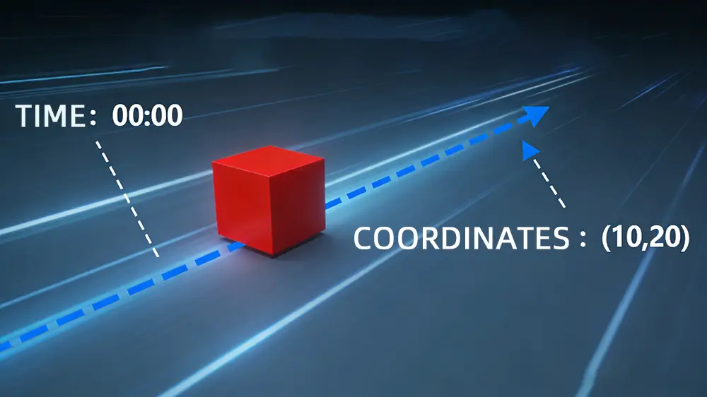 Real time tracking visualization showing an object moving over time with coordinates on a trajectory path