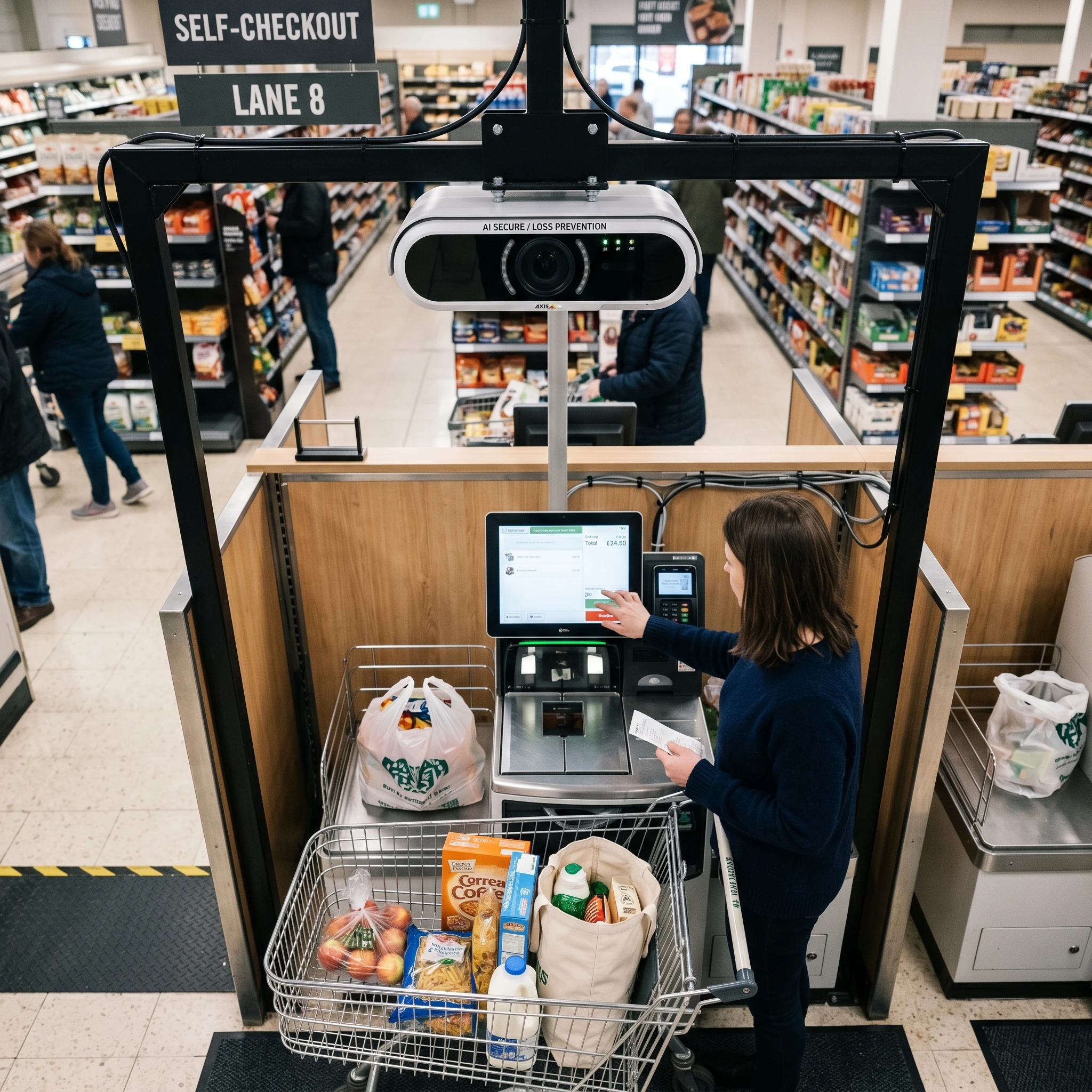 Ai shoplifting detection cameras above a supermarket self-checkout lane