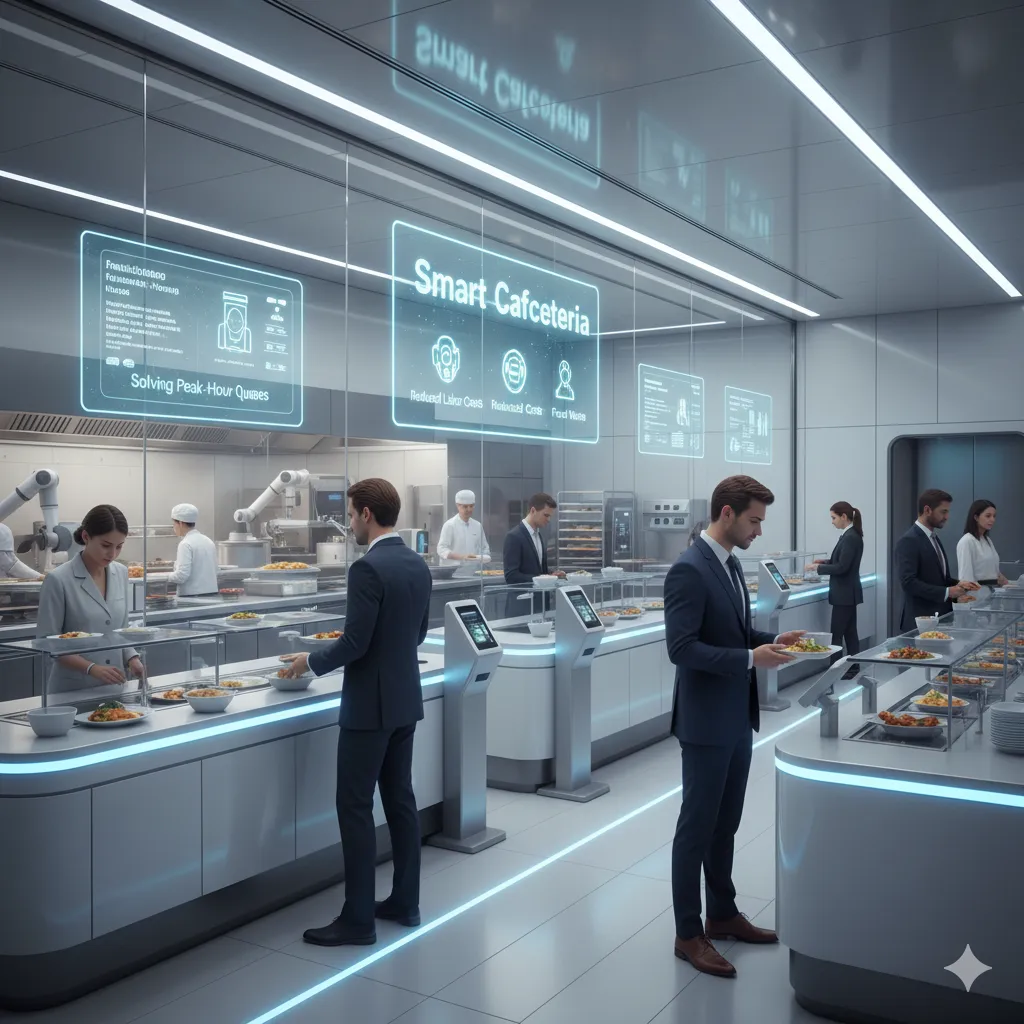 Modern smart cafeteria with business users, automated food stations. Shows smart cafeteria and icons for reduced costs, food waste, and solving peak-hour queues