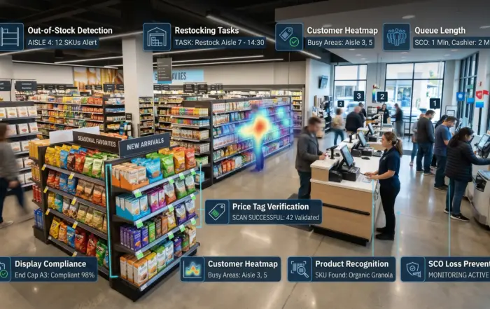 Computer vision in retail security in a supermarket showing out-of-stock alerts, restocking tasks, customer heatmap, queue monitoring, and sco loss prevention.