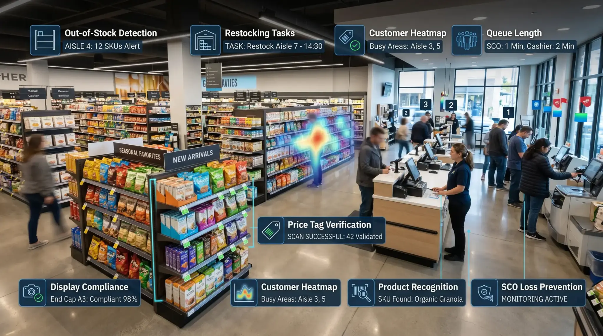 Computer Vision In Retail Security In A Supermarket Showing Out-Of-Stock Alerts, Restocking Tasks, Customer Heatmap, Queue Monitoring, And Sco Loss Prevention. Computer vision in retail security in a supermarket showing out-of-stock alerts, restocking tasks, customer heatmap, queue monitoring, and sco loss prevention.