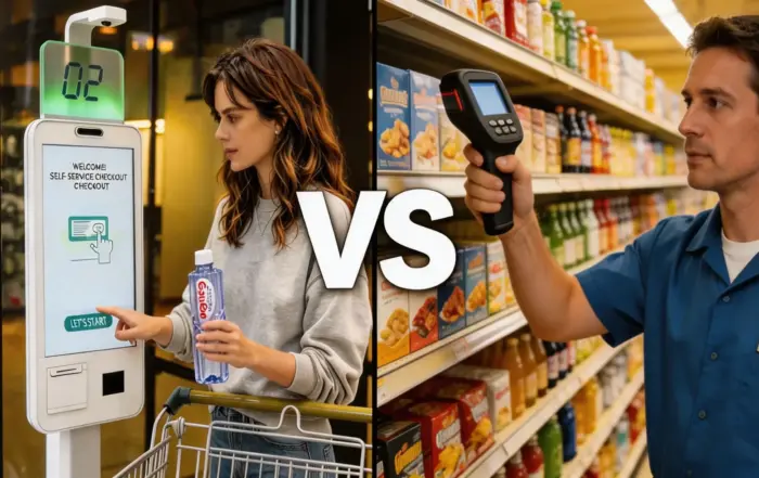 Ai vs rfid loss prevention self checkout kiosk and handheld scanner in grocery aisle. Webp