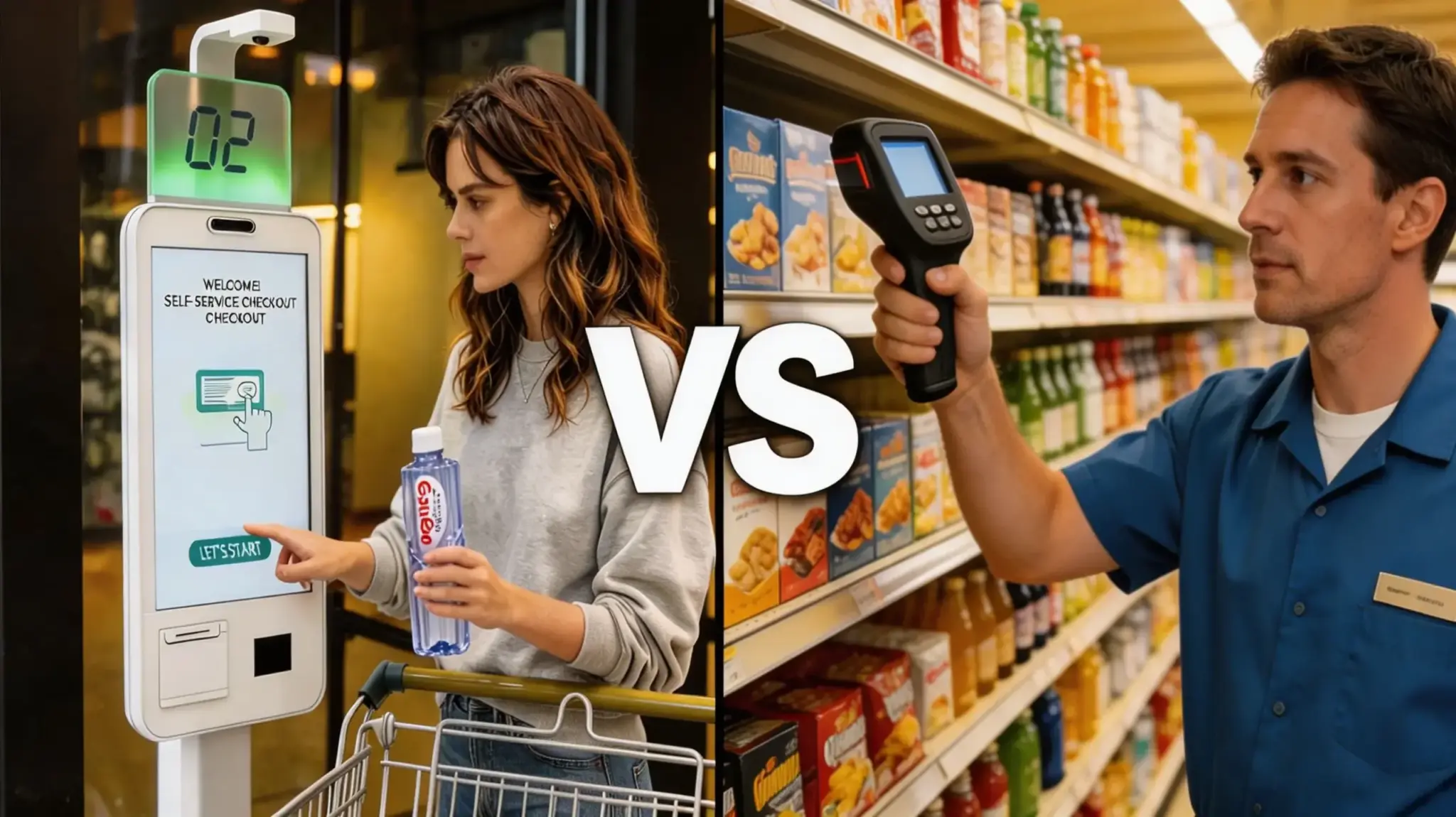 Ai Vs Rfid Loss Prevention Self Checkout Kiosk And Handheld Scanner In Grocery Aisle.webp Ai vs rfid loss prevention self checkout kiosk and handheld scanner in grocery aisle. Webp