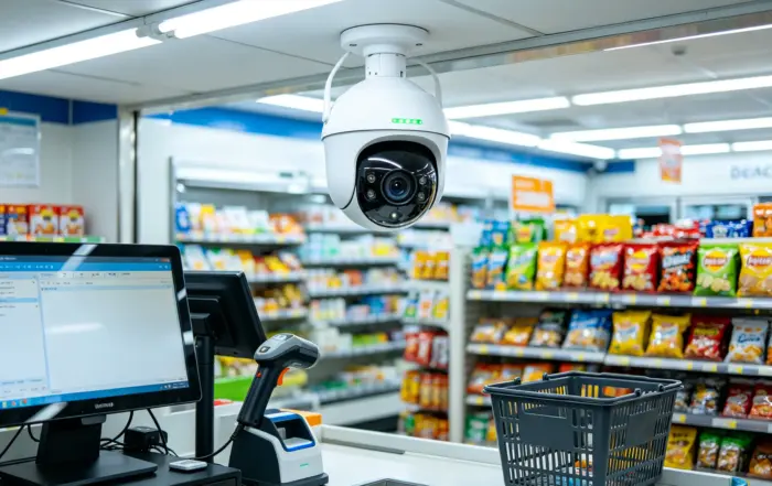 Ai retail loss prevention camera, dome security camera above supermarket checkout counter, realistic store scene