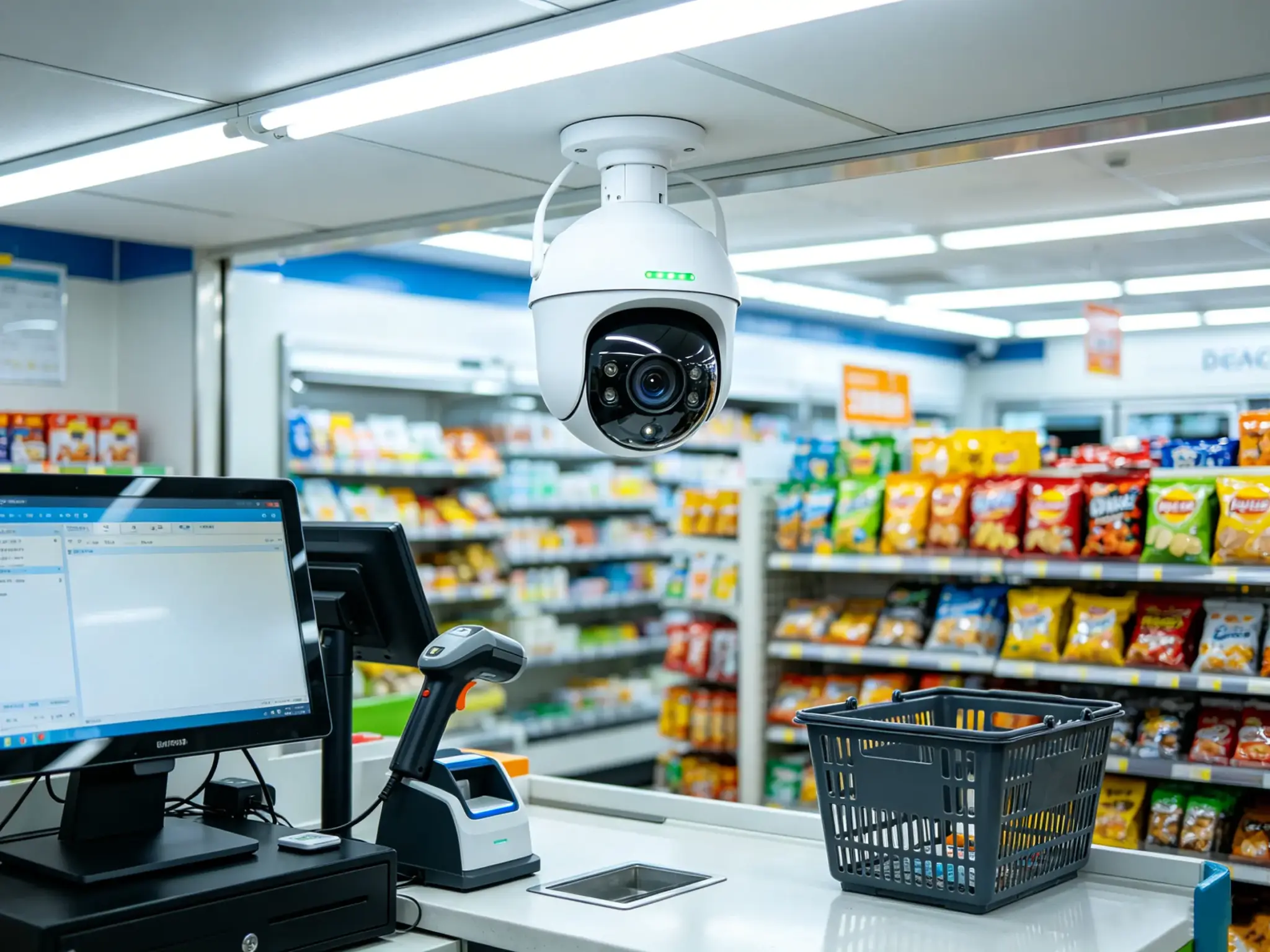 Ai Retail Loss Prevention Camera, Dome Security Camera Above Supermarket Checkout Counter, Realistic Store Scene Ai retail loss prevention camera, dome security camera above supermarket checkout counter, realistic store scene