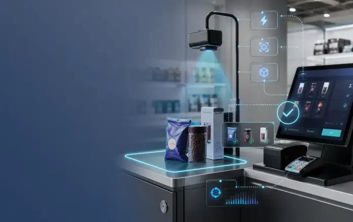Pos integration product recognition api checkout station with camera scanning packaged products