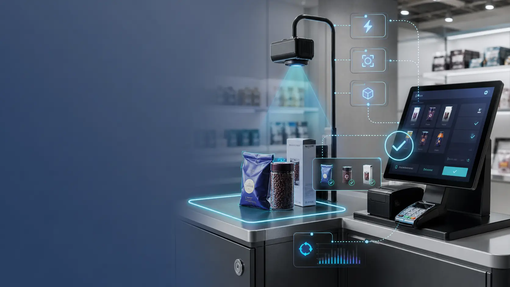 Pos integration product recognition api checkout station with camera scanning packaged products