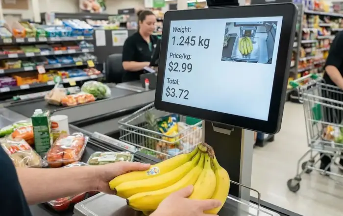 Best ai product recognition sdk for pos vendors demo on supermarket self-checkout pos scanning banana