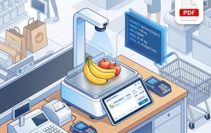 Illustration of an ai retail scale sdk architecture showing computer vision, product recognition, weighing, pricing, and pos integration.