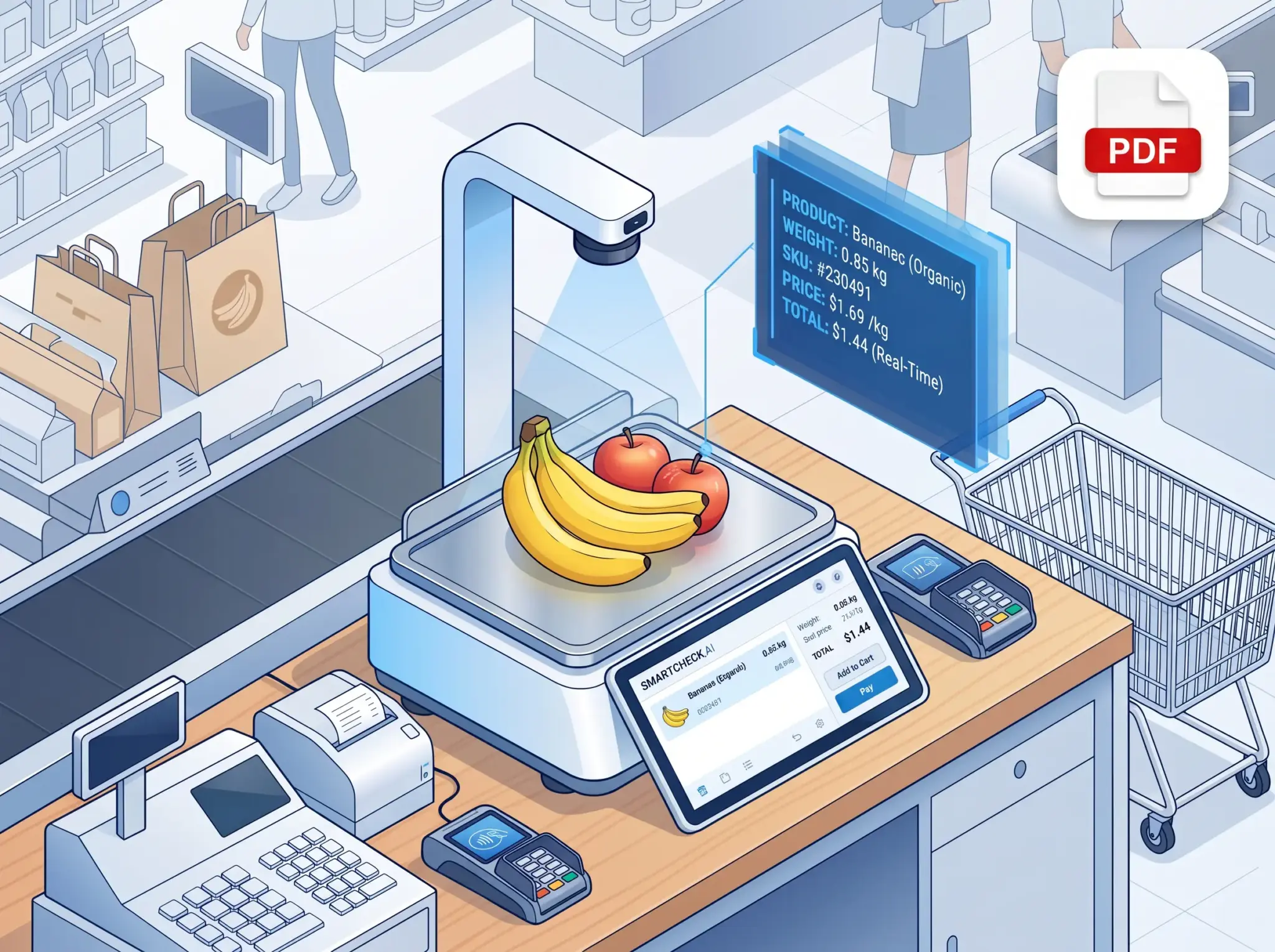 Illustration Of An Ai Retail Scale Sdk Architecture Showing Computer Vision, Product Recognition, Weighing, Pricing, And Pos Integration. Illustration of an ai retail scale sdk architecture showing computer vision, product recognition, weighing, pricing, and pos integration.