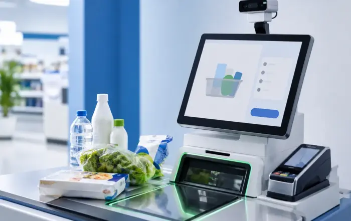 Commercial photo of supermarket self‑checkout with usb stereo camera, pos terminal and scan zone, blue‑white with soft green accents, ample negative space for website hero banner