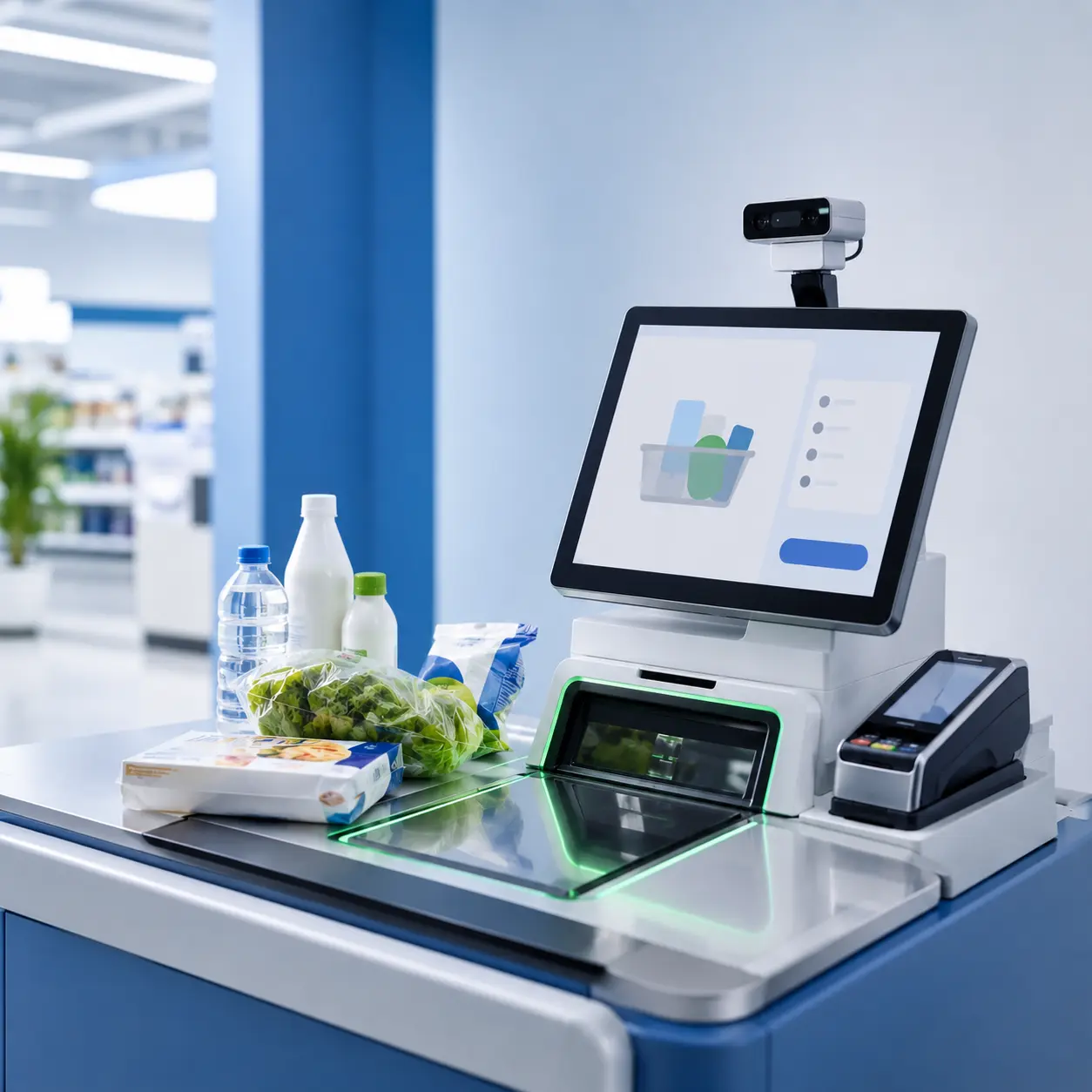 Commercial photo of supermarket self‑checkout with usb stereo camera, pos terminal and scan zone, blue‑white with soft green accents, ample negative space for website hero banner